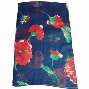 Floral Sheer Scarf Navy Vintage Red Green Flowers Rectangular 42 by 13 Inches